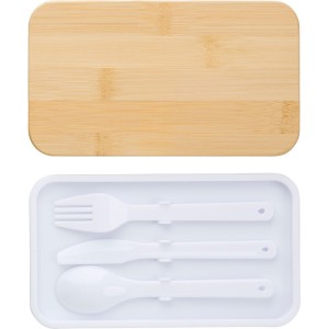 Pudełka śniadaniowe 2 szt., 2x400 ml, bambusowe wieczko, sztućce V1215-02 /kolor: biały/