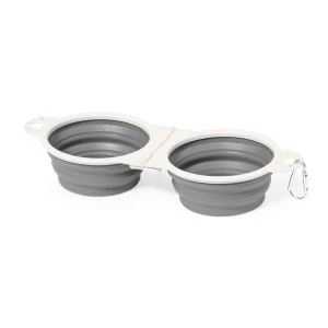 Podwójna miska dla psa z elementami ze słomy pszenicznej, składana, karabińczyk V2120-19 /kolor: szary/