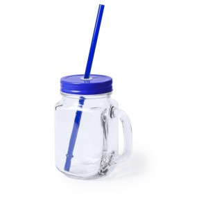 Słoik do picia, butelka 500 ml, słomka V8983-11 (kolor: niebieski)