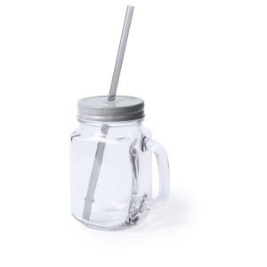 Słoik do picia, butelka 500 ml, słomka V8983-32 (kolor: srebrny)