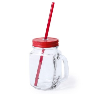 Słoik do picia, butelka 500 ml, słomka V8983-05 (kolor: czerwony)